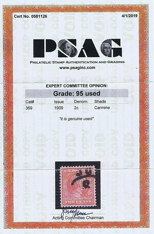 SC# 369 USED 2 CENT LINCOLN, 1909, PSAG CERT GRADED 95 XF-S, HIGH CATALOG VALUE 