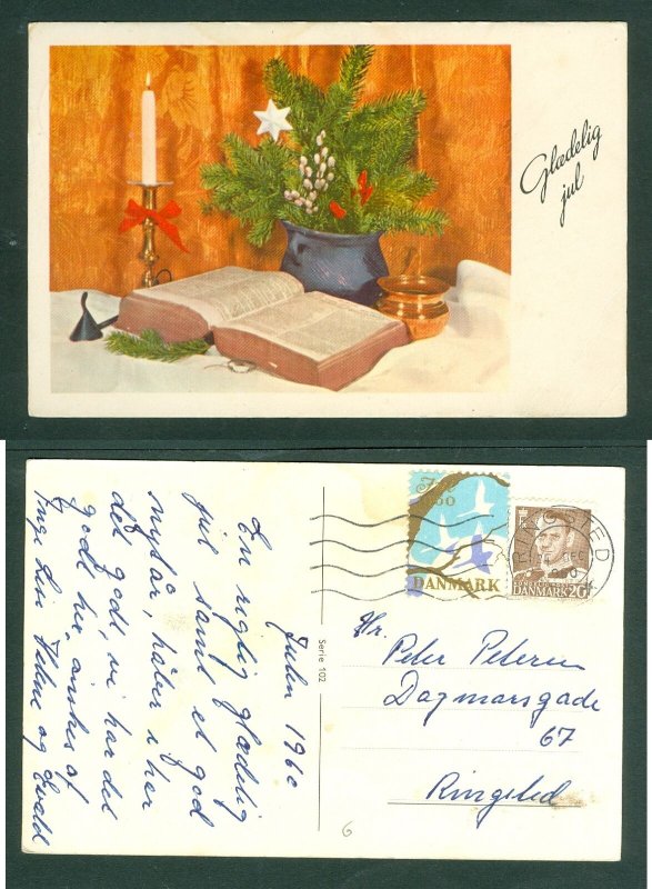 Denmark. Christmas Card 1960. 20 Ore + Seal. 24 Dec. Ringsted. Bible,Candle. Adr