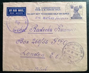 1944 Polish Field POst Office In India OAS Cover To Forces In London England