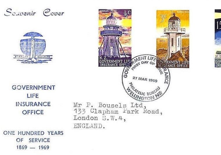 AI200 1969 New Zealand LIFE INSURANCE STAMPS FDC First Day Cover LIGHTHOUSES