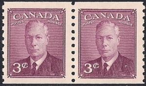 Canada #299 3 cent King George 6 Coil Pair Stamp Mint OG NH F-VF