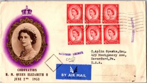 1953 Bristol England Registered Queen Elizabeth II Coronation Cover to PA USA