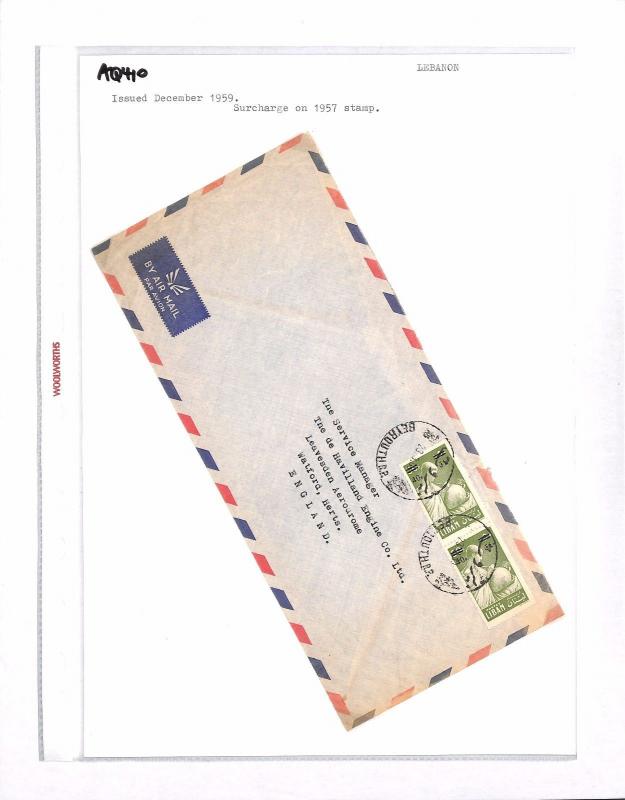 AQ410 1959 Lebanon EMIGRANTS CONFERENCE Surcharge Cover DE HAVILLAND Aircraft Co