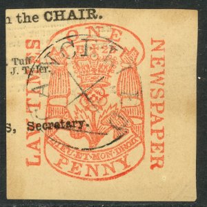 GREAT BRITAIN 1860 1d NEWSPAPER TAX STAMP Die B25 LAW TIMES Cut Square CANCELLED