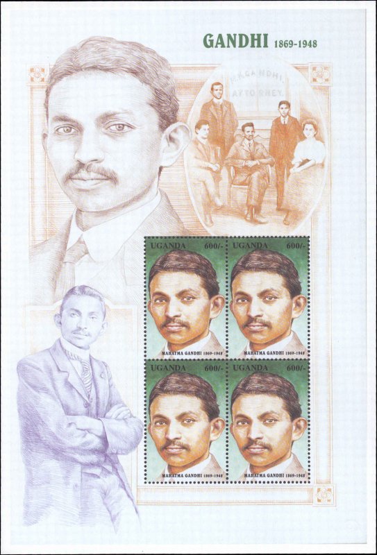 Uganda #1583, Complete Set, Sheet of 4, 1998, Gandhi, Never Hinged