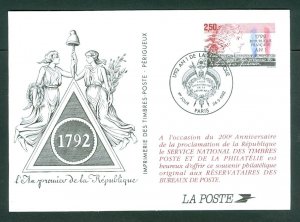 France 1992 Stationery Card. Republic France 200 Year 1792-1992.  Spc. Cancel.