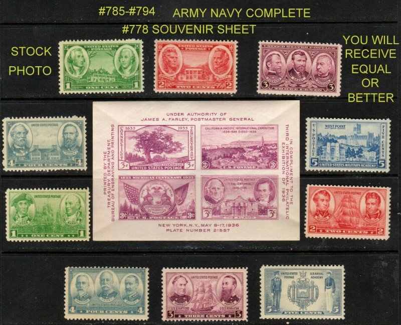 #778 Souvenir Sheet Plus #785-794 Army Navy Complete