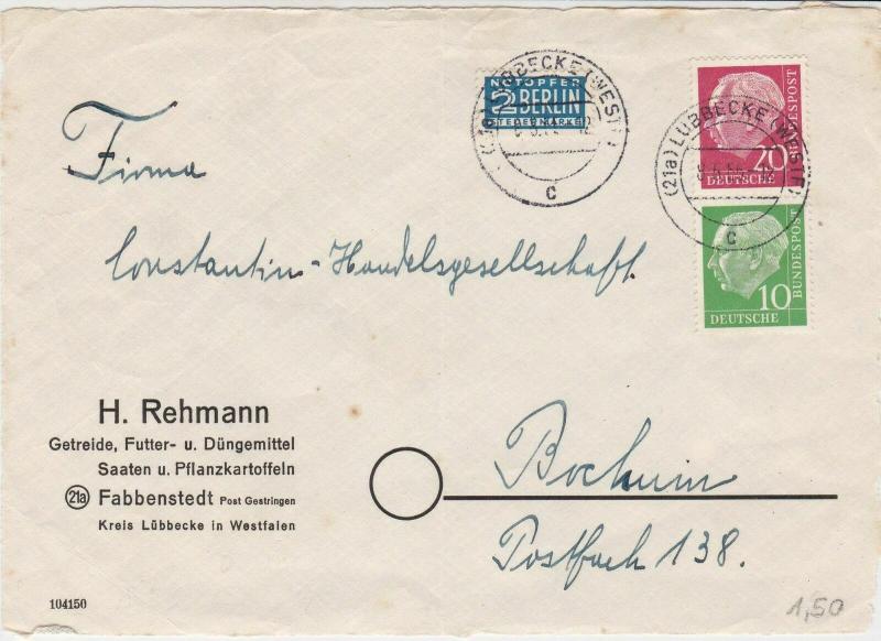 Germany 1955 Lubbecke Cancel Obligatory Tax Aid Berlin Stamps Cover FRONT  26506