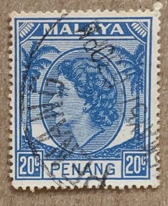 Malaya Penang 1954 20c QEII, used. Scott 37, CV $0.25. SG 36