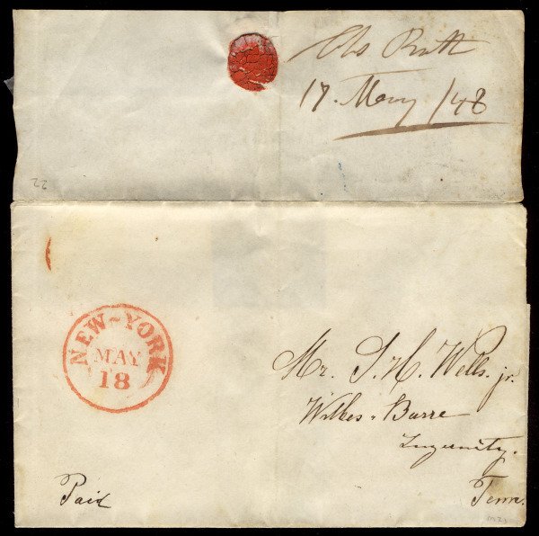 US #STAMPLESS COVER, New York, May 19th, 1948, red town cancel, nice wax seal...