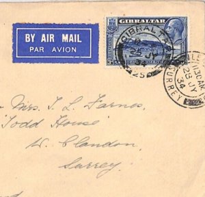 GIBRALTAR KGV Air Mail 3d SINGLE FRANKING 1934 Shipping Crest Cover Surrey YW40