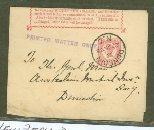 New Zealand  1895 Queen Victoria 1/2d wrapper; note tiny hole and wrinkle at lower left; printed matter only handstamp.