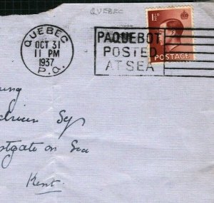 GB KEVIII Cover Canada QUEBEC *PAQUEBOT/POSTED/AT SEA* Kent 1937{samwells}MA742