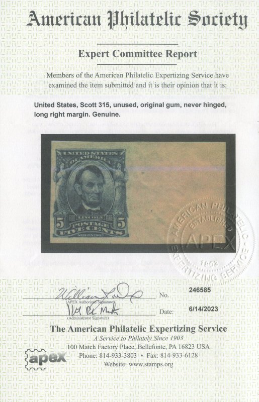 US Scott #315 Mint, VF, NH, APS