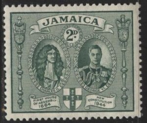 Jamaica 130 (mh) 2p Kings Charles II & George VI, dp grn (1945)