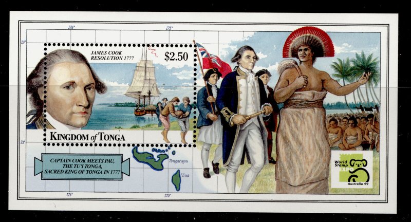 TONGA QEII SG MS1452, 1999 $2.50 James Cook mini sheet, NH MINT.