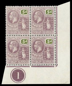 British Virgin Is 1922 KGV 5d dull purple & olive PLATE 1 block MNH. SG 97.