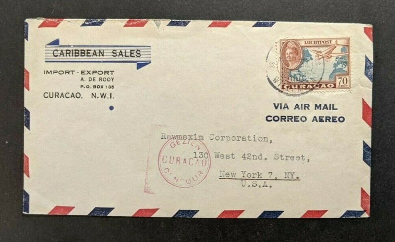 1944 Caribbean Sales Curacao NWI Censorship Airmail Cover to New York NY