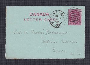 CANADA 1902 2C POSTAL STATIONERY LETTER CARD NIAGARA FALLS ONTARIO TO OHIO USA