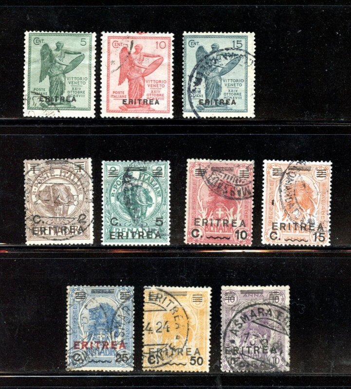 Eritrea #54-56, #58-64 (E920) O/P issues on Italy 1922, Used, F-VF, CV$99.20