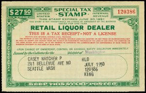 U.S. REV. STAX -RET. LIQ. DEALER FYE 1951  Used (ID # 61841)- L