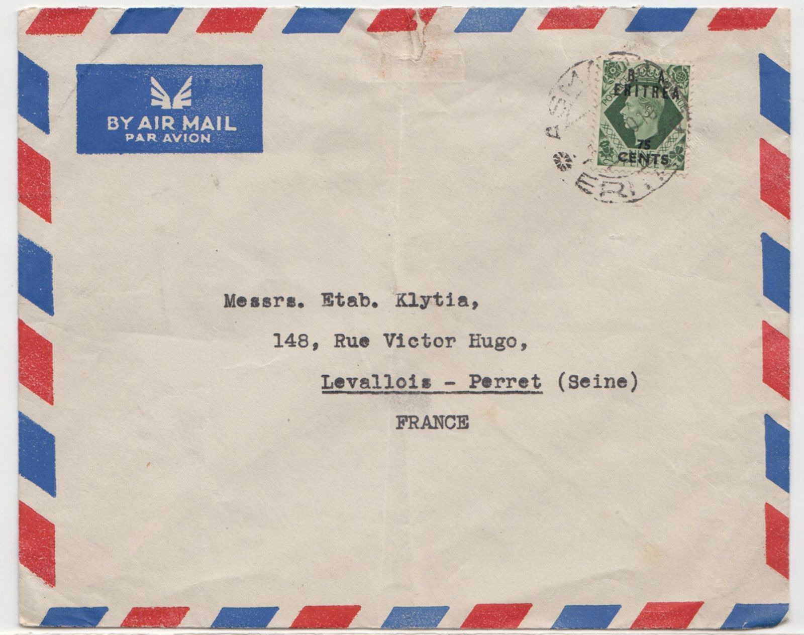 GREAT BRITAIN overprint Eritrea cover postmarked Asmara, - air mail to ...