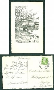 Denmark.Christmas Card 1942,15 Ore. Rorvig-Stevns.24 Dec.Old Town Houses,Stream.