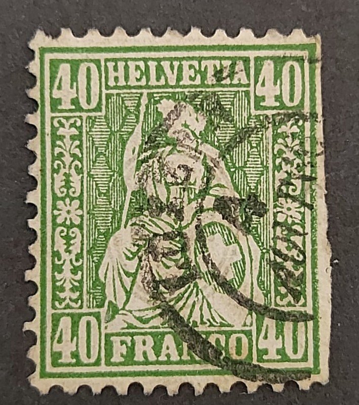 1862 Switzerland Sitted Helvetia Stamp Perf 40c Green Used Mint and LH SG# 58
