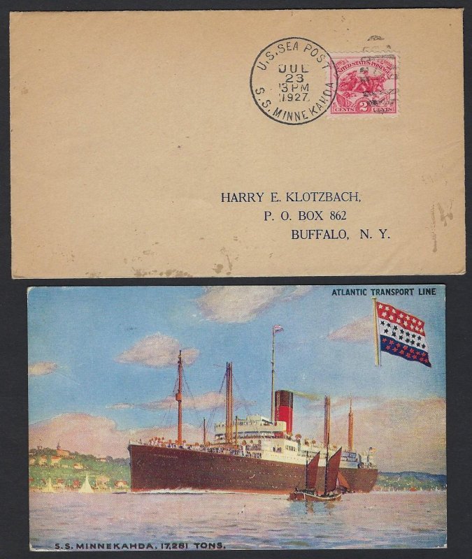 US 1927 SEAPOST ON STEAMSHIP MINNEKAHDA WITH POST CARD OF SS