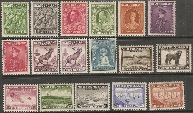 Newfoundland 1932-7 Definitves Scott 183-199 MNH, cracked gum 194 hinge mark