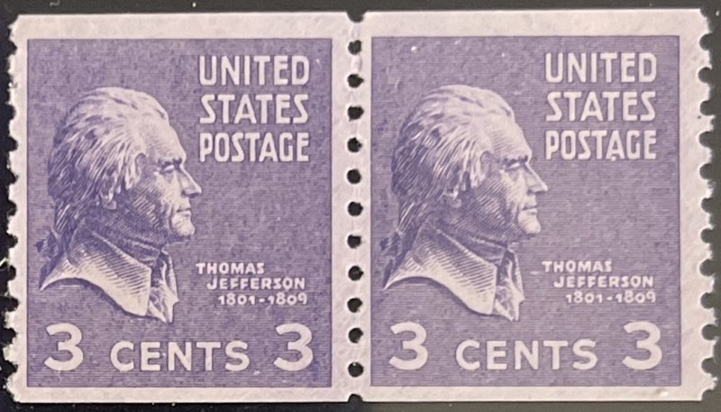 Scott #842 1939 3¢ Pres. Series Thomas Jefferson perf. 10 vertically MNH pair