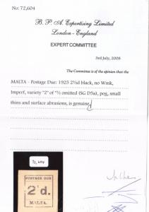 Malta #J5a (SG #D5a) Extra Fine Mint 2 Of 1/2 Omitted **With Certificate**