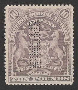 RHODESIA 1898 Arms £10 lilac, perf SPECIMEN. SG 93s normal cat £4000.