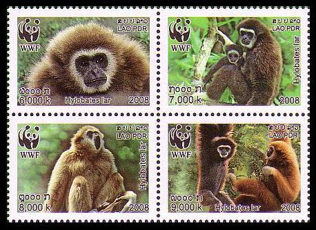 Laos WWF White-handed Gibbon 4v block 2*2 SG#2021-2024 SC#1738a-d MI#2062-2065