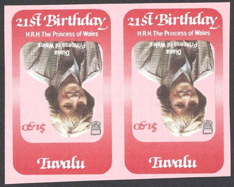 Tuvalu Sc# 172 MNH pair INVERTED CENTER (IMPERF) 1982 $1.50 Princess Diana 21st