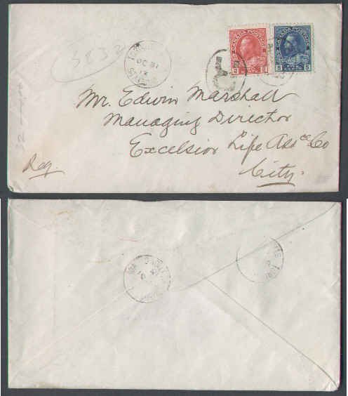 Canada-cover #5954 - 2c + 5c Admiral reg'd - York Cnty - Toronto , Ont -...