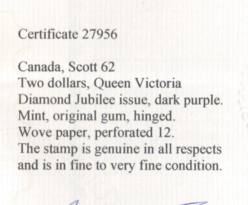 Canada #62 Mint **With Certificate**