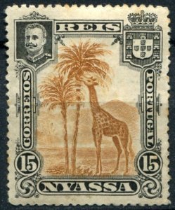 Nyassa Sc#29 MH/Unused, 15r blk & org brn, King Carlos I (giraffe and camels)...