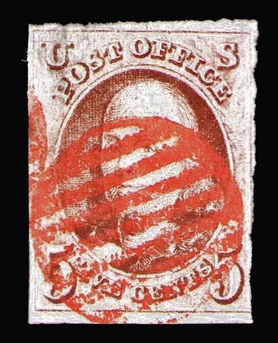 US Scott #1 1847  5c Franklin Intense Red Grid Cancel