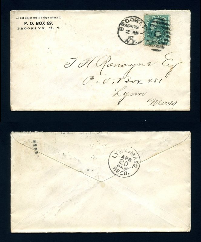 # 207 cover from P. O. Box 69, Brooklyn, NY to Lynn, MA dated 4-19-1882