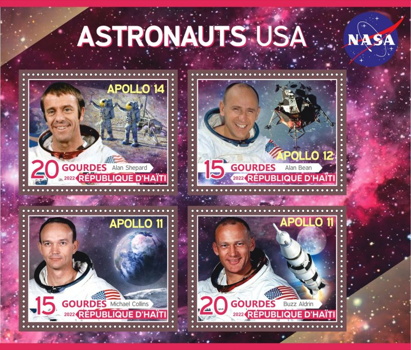 Stamps. Space Astronauts USA_ 2022 Haiti 1+1 sheets perforated