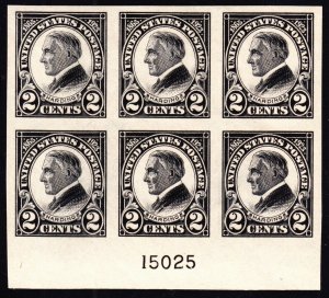 US 611 2c Harding Memorial Mint Plate Block of 6 #15025 Mint VF OG LH SCV $100