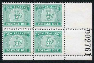 New Zealand SG D41 1939 1/2d Post Due Sheet number block U/M 