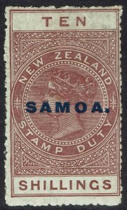 SAMOA 1925 QV NEW ZEALAND 10/- RED - BROWN PERF 14½ X 14