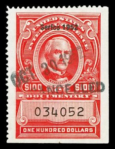 Scott R614 $100.00 1952 Dated Red Revenue Used VF Cat $10