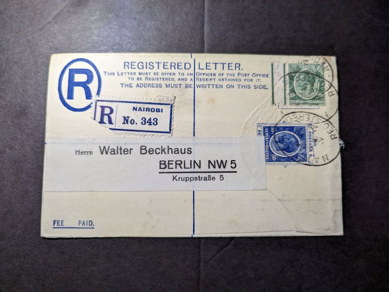 1925 British KUT Registered Letter Cover Nairobi Kenya to Berlin NW5 Germany