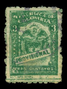 COLOMBIA 1920  Coat of Arms  3c green Sc# 363var PRINTED ON BOTH SIDES - used