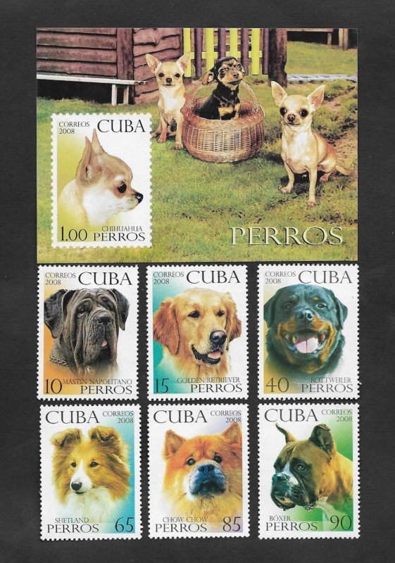 SD)2008 CUBA  SOUVENIR SHEET AND 6 STAMPS WITH DOG THEMES, CHIHUAHUA & NEAPOLI