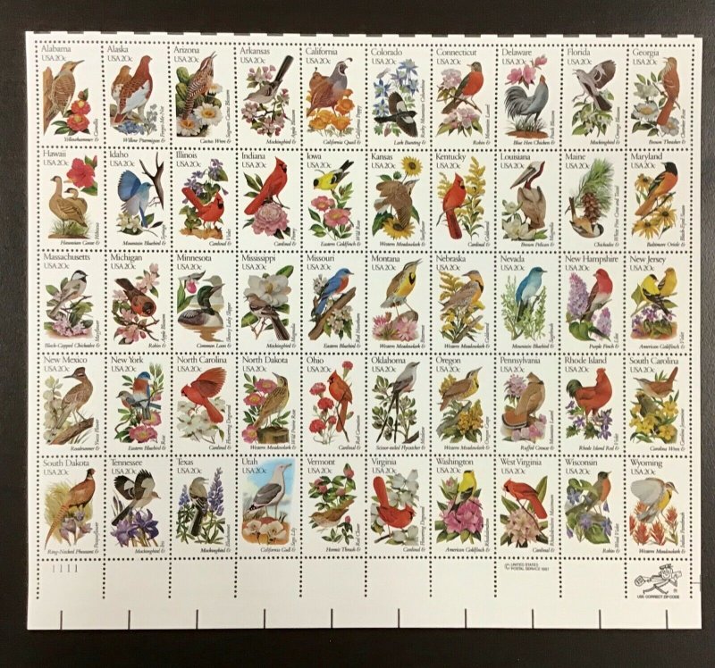 1953a-2002a State Birds & Flowers Lot of 10 sheets  FV $100 Bullseye perfs