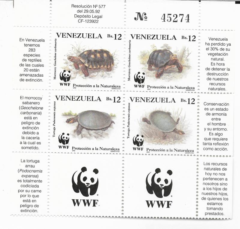 VENEZUELA, C95,CB13-CB14, MNH, SS, BLOCK OF 6, WWF